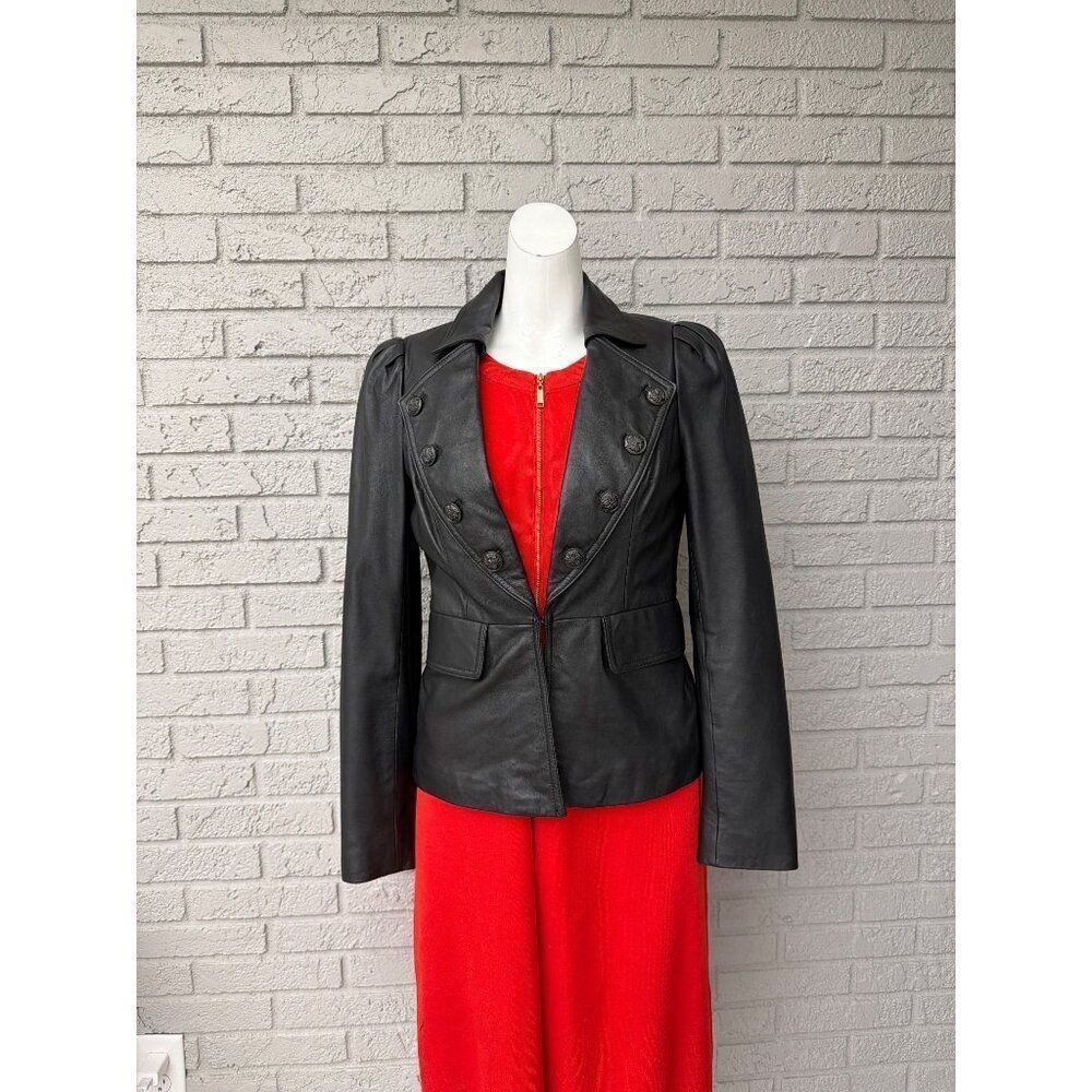 INC International Concepts Women Black Military Leather Jacket Size S
